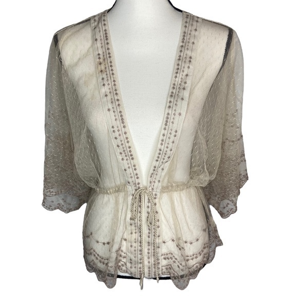 Forever 21 Cardigan Cream Mesh Lace Taupe Embroidered Short Kimono Style Sleeve - Picture 1 of 16